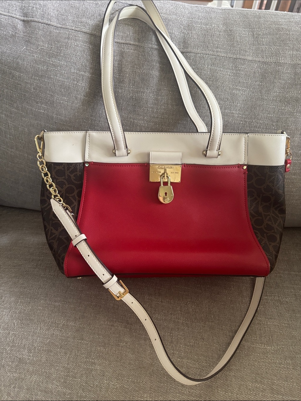 Calvin Klein Red, White & Brown Logo Satchel with Gold Hardware